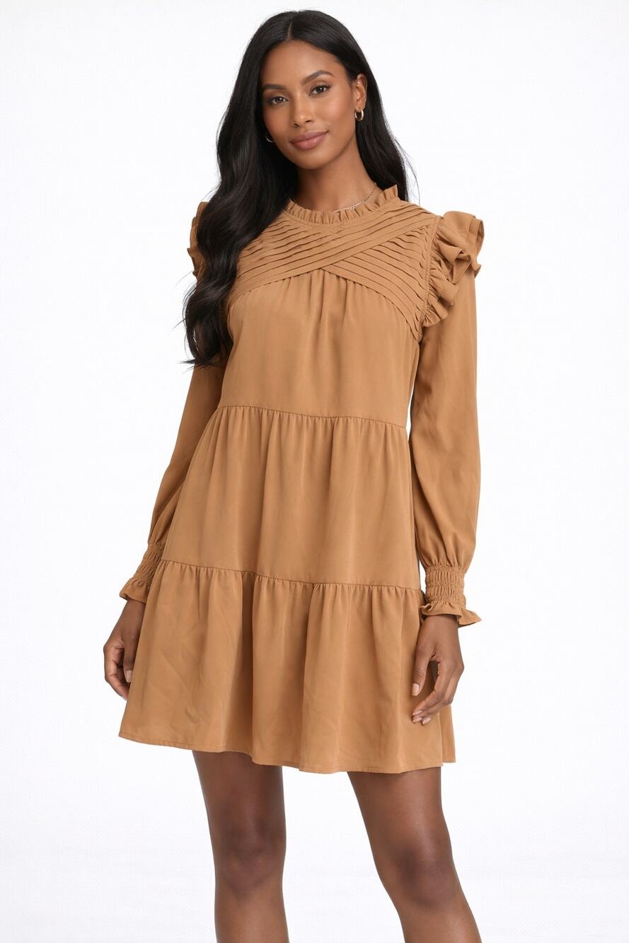 Entro Long Sleeve Tiered Mini Dress Camel Brown Womens Size Small New Ruffle